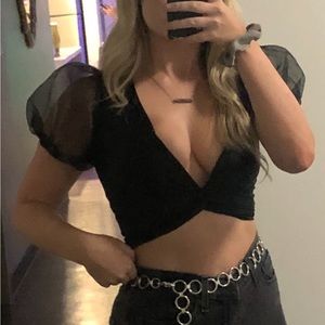 black low cut mesh puff sleeve going out top